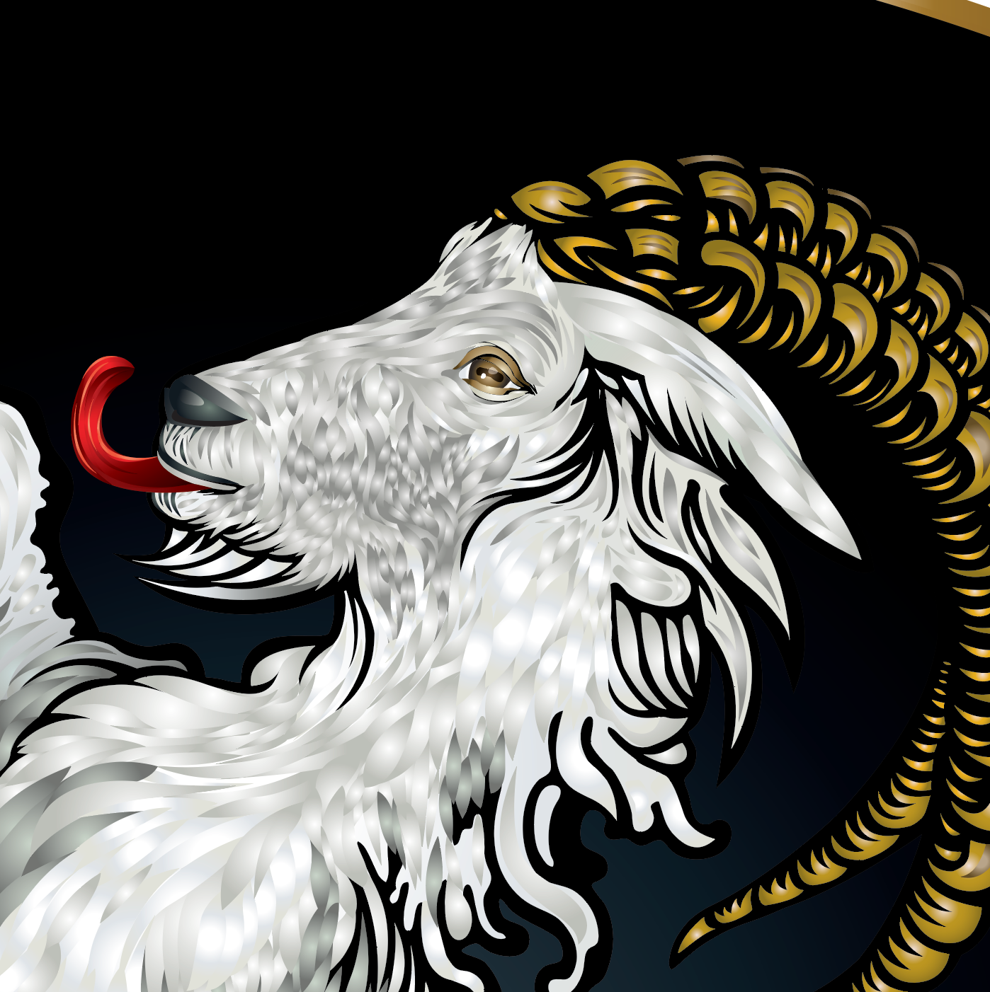 Close up of Becker Family crest showing white goat on a black background 