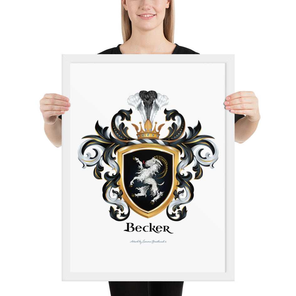 A woman holding a white framed print of the Becker Family Crest featuring a white ibex on a black shield.