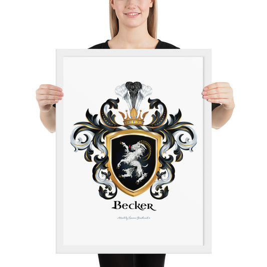A woman holding a white framed print of the Becker Family Crest featuring a white ibex on a black shield.