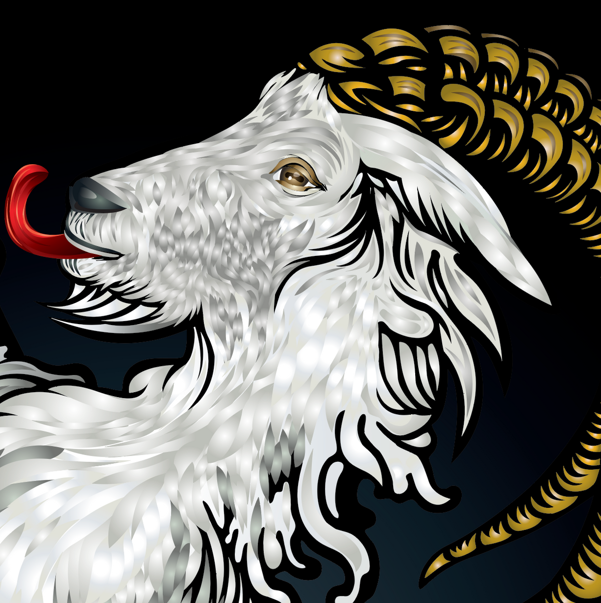 Close up of Becker Family crest showing white goat on a black background 