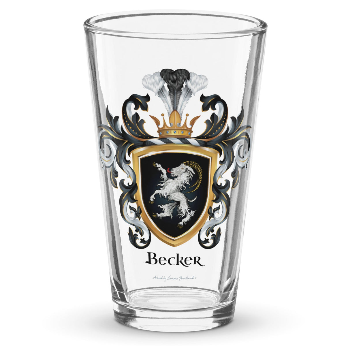 A classic clear beer glass on a white background with the Becker Family Crest printed on it featuring an ibex on a black shield.