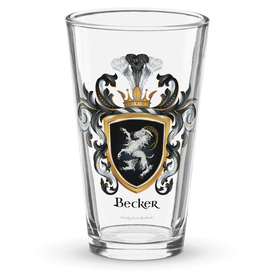 A classic clear beer glass on a white background with the Becker Family Crest printed on it featuring an ibex on a black shield.