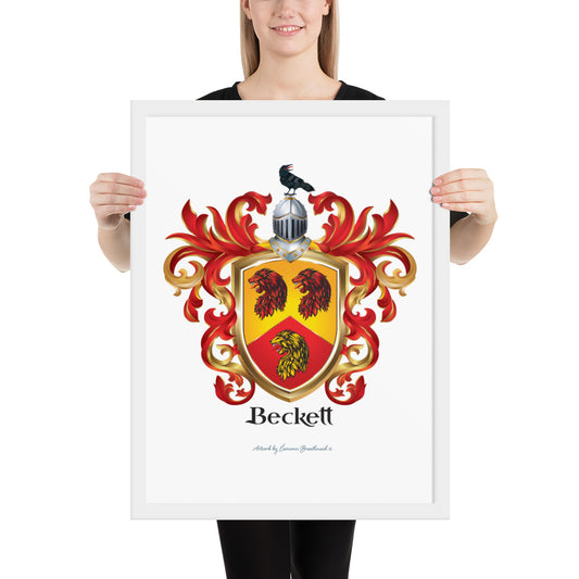 A woman holding a framed print of the Beckett Family Crest showing 3 lion heads and a raven on a helmet