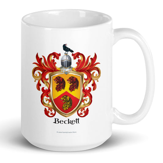 White mug with Beckett Family Crest showing 3 lion heads and a raven on a helmet