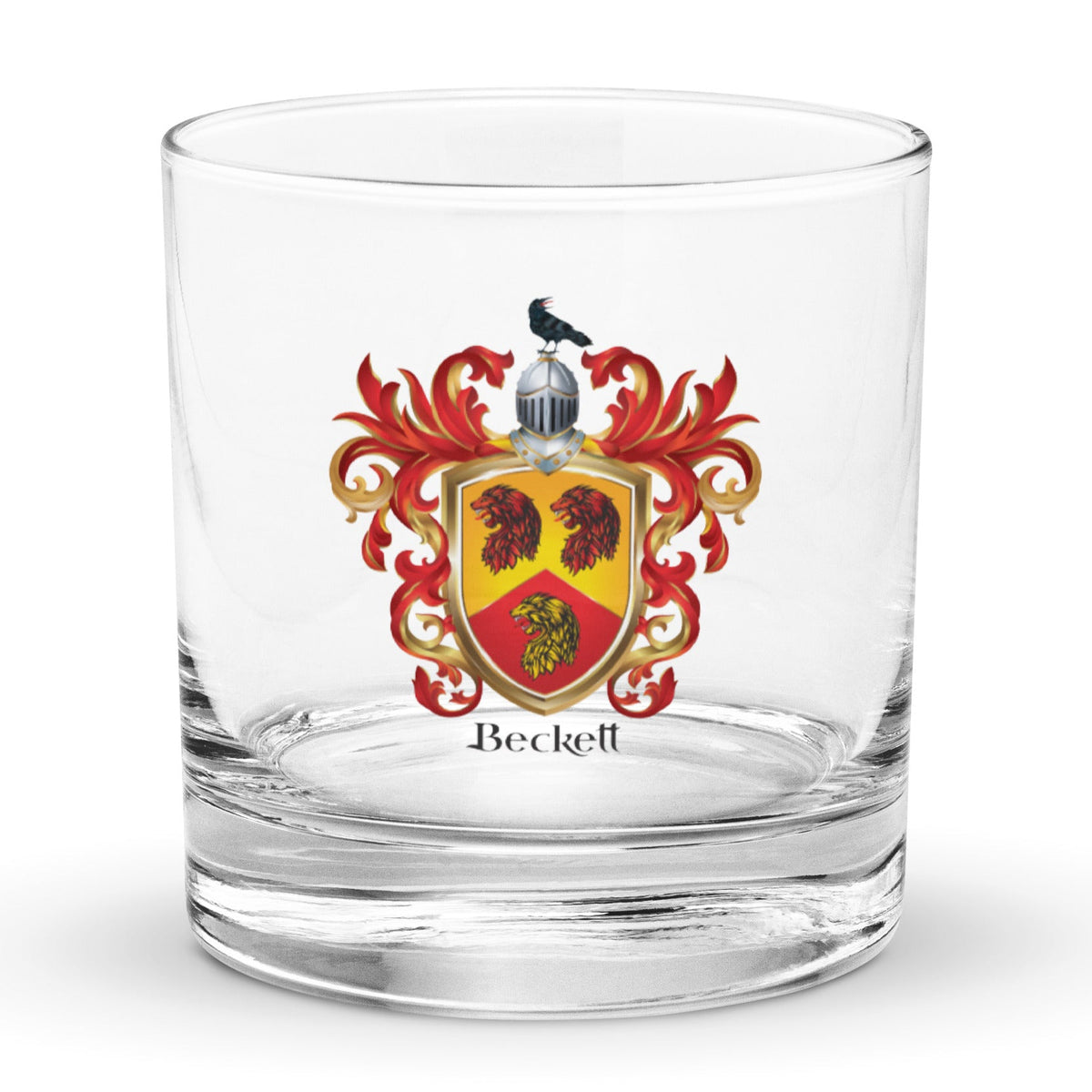 Beckett Family Crest Rocks Glass with 3 lion heads and a raven