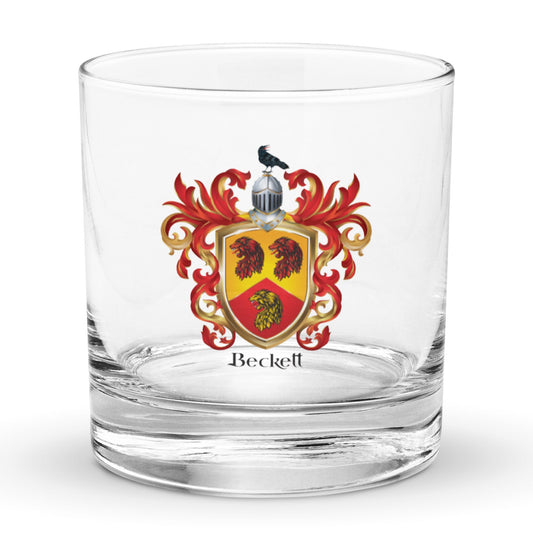 Beckett Family Crest Rocks Glass with 3 lion heads and a raven