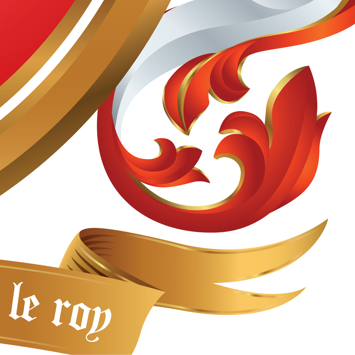 A close-up of the Bennett Coat of Arms featuring red and gold mantling, plus part of a gold motto banner in the lower left containing the text 'le roy' in white script.