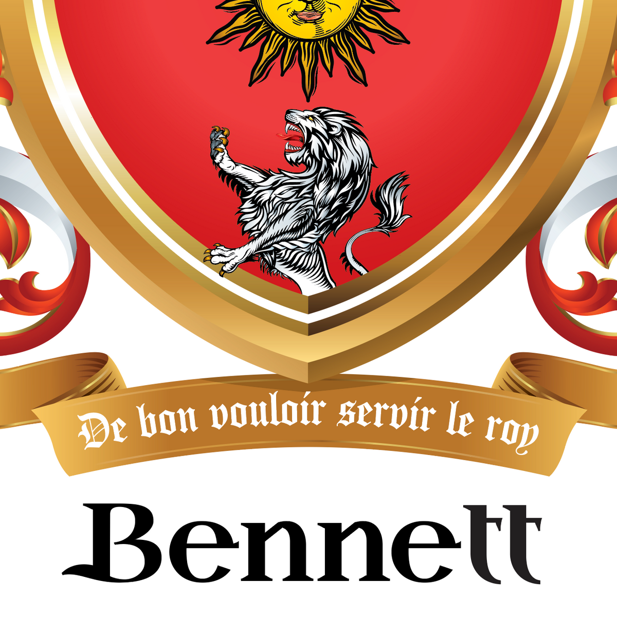 A close-up of the lower half of the Bennett Coat of Arms featuring a white lion rampant, a yellow sun, and a gold motto ribbon reading 'De bon vouloir servir le roy', with the name 'Bennett' in heraldic text below on a white background.