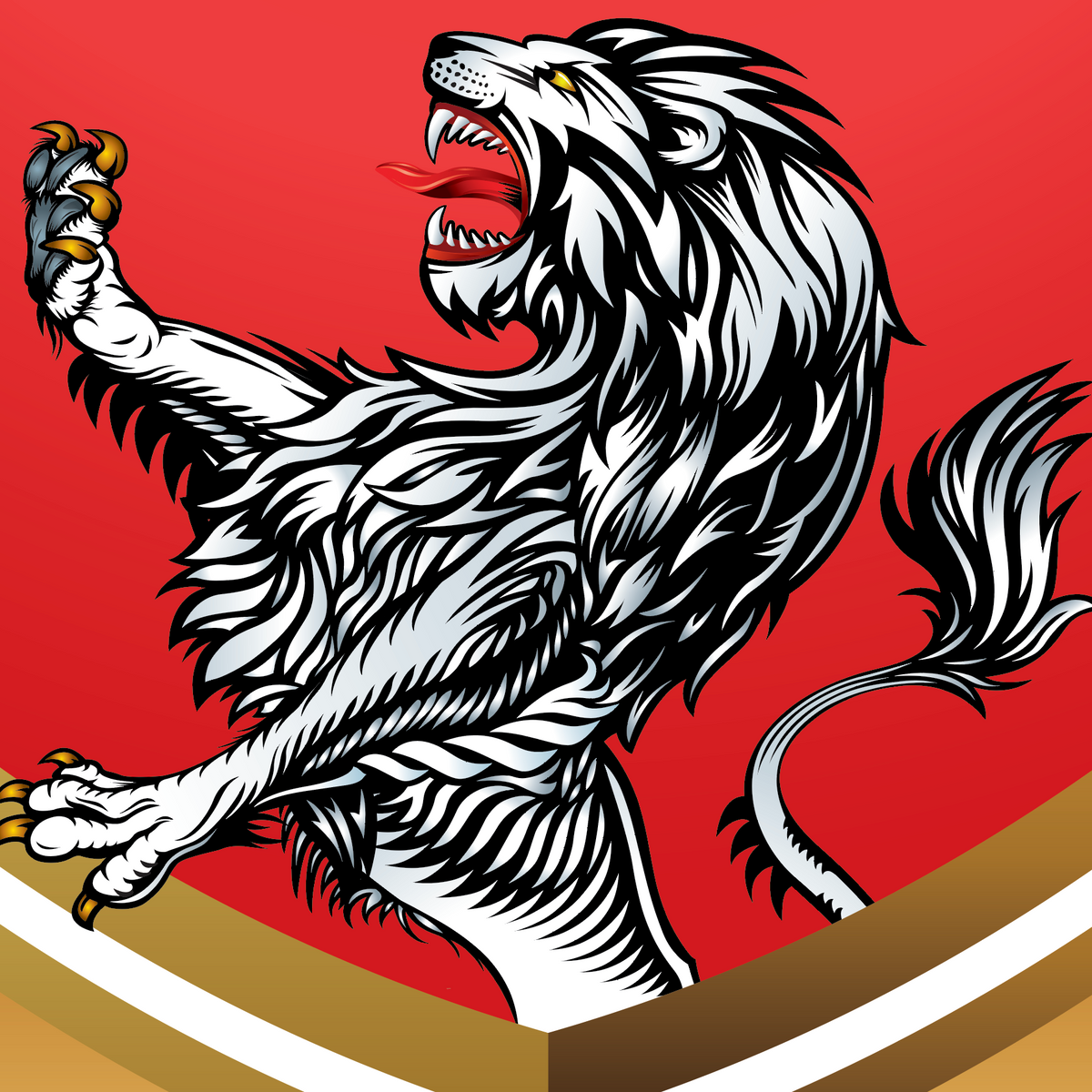 A close-up of the Bennett Coat of Arms featuring a roaring white lion set against a red background of the shield.