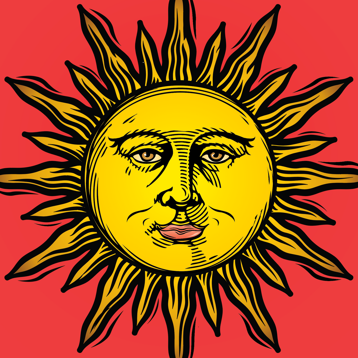 A close-up of the Bennett Coat of Arms featuring a yellow / golden sun with a human face and black rays on a red background.