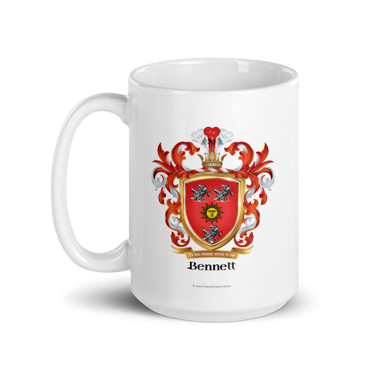 A white mug with handle to left, on a white background, printed with the Bennett Family Crest featuring 3 white lions and a golden sun.