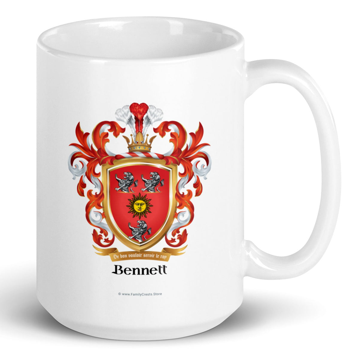 A white mug with handle to right, on a white background, printed with the Bennett Family Crest featuring 3 white lions and a golden sun.