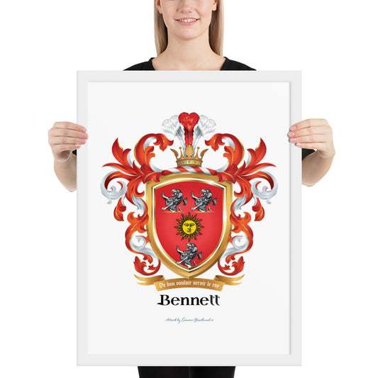 A woman standing in a white background, holding a white framed print of the Bennett Family Crest featuring 3 white lions and a golden sun.
