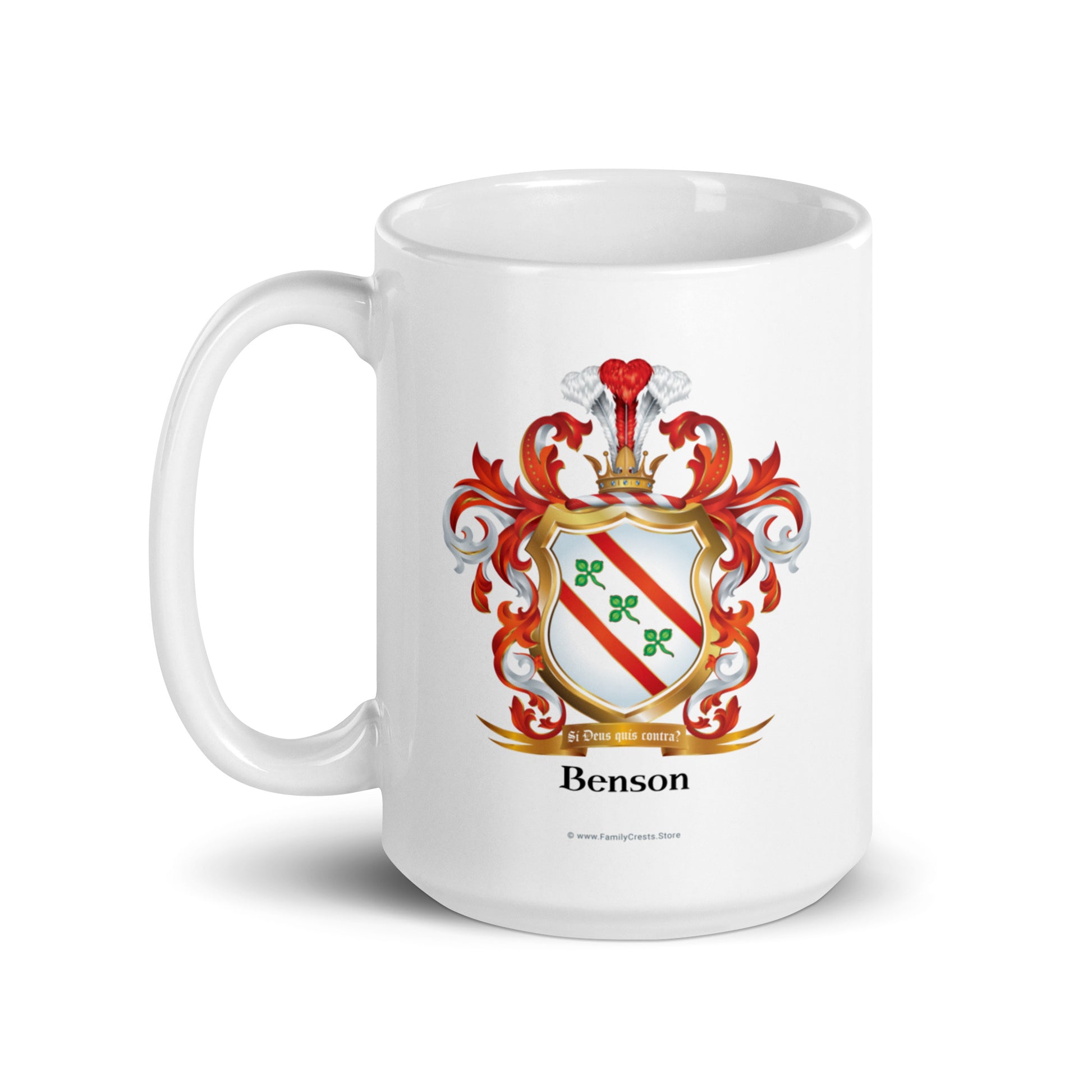 A white mug on a whit background with a Benson Family Crest on the front