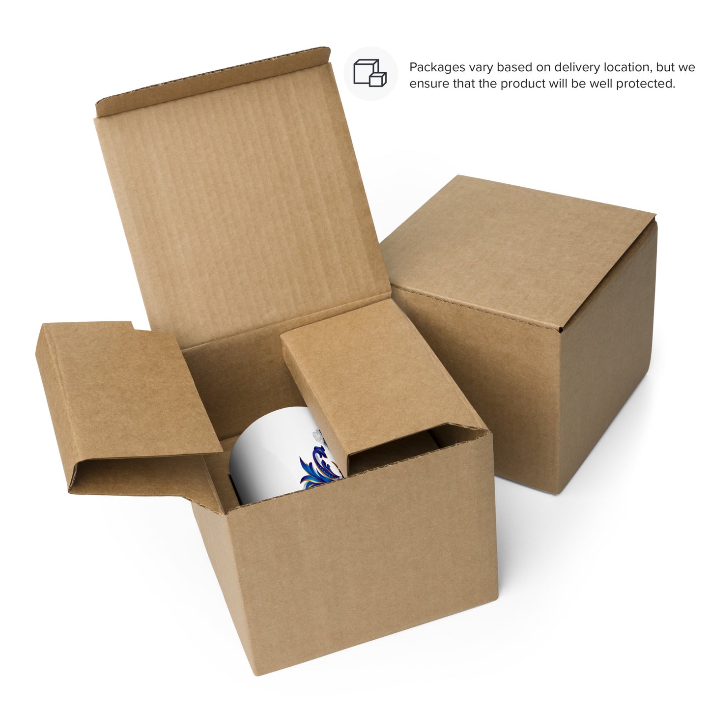 Brown cardboard box with a white mug inside on a white background