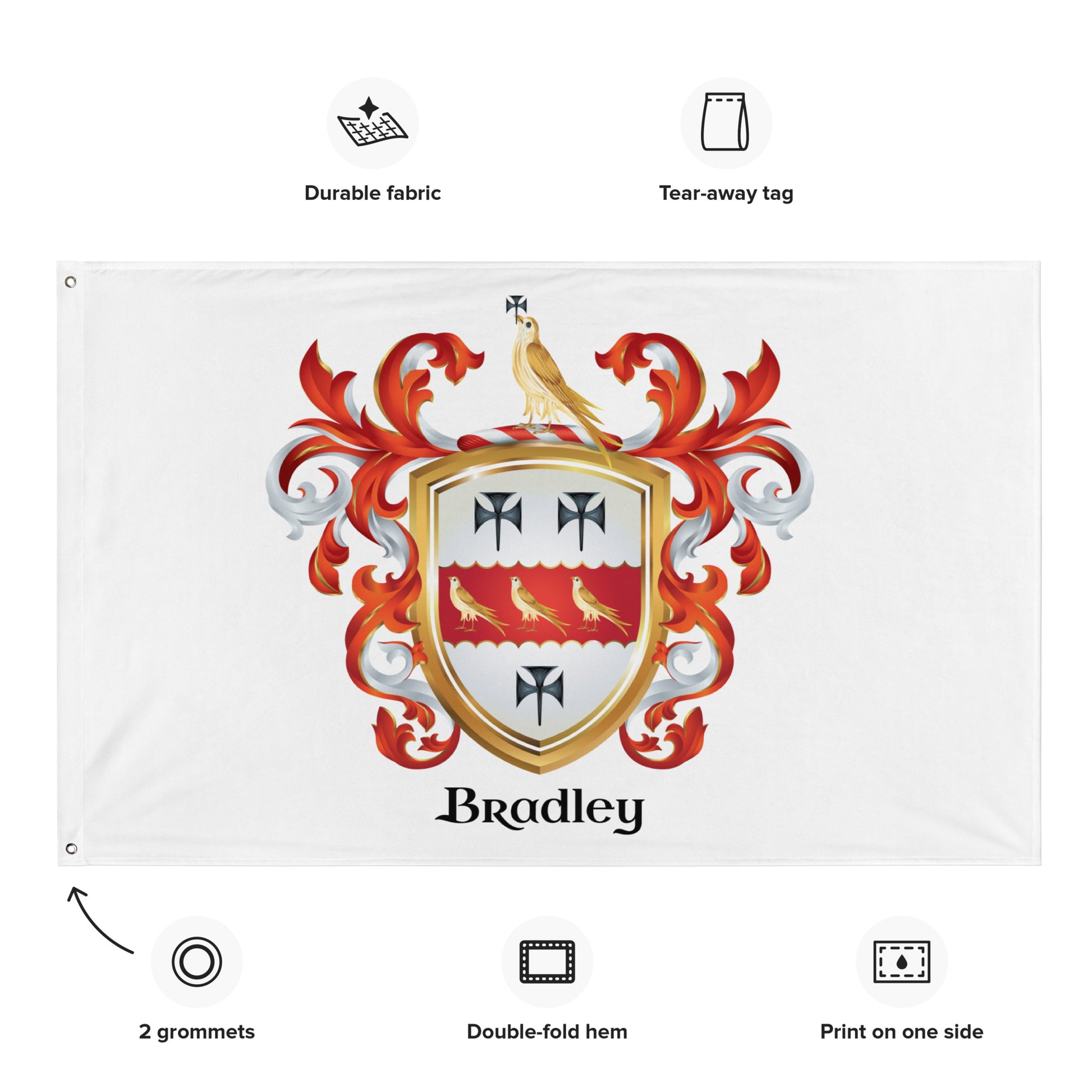 White personalized family crest flag featuring the Bradley coat of arms with red, gold, and silver details, shown with feature icons and text labels above and below.
