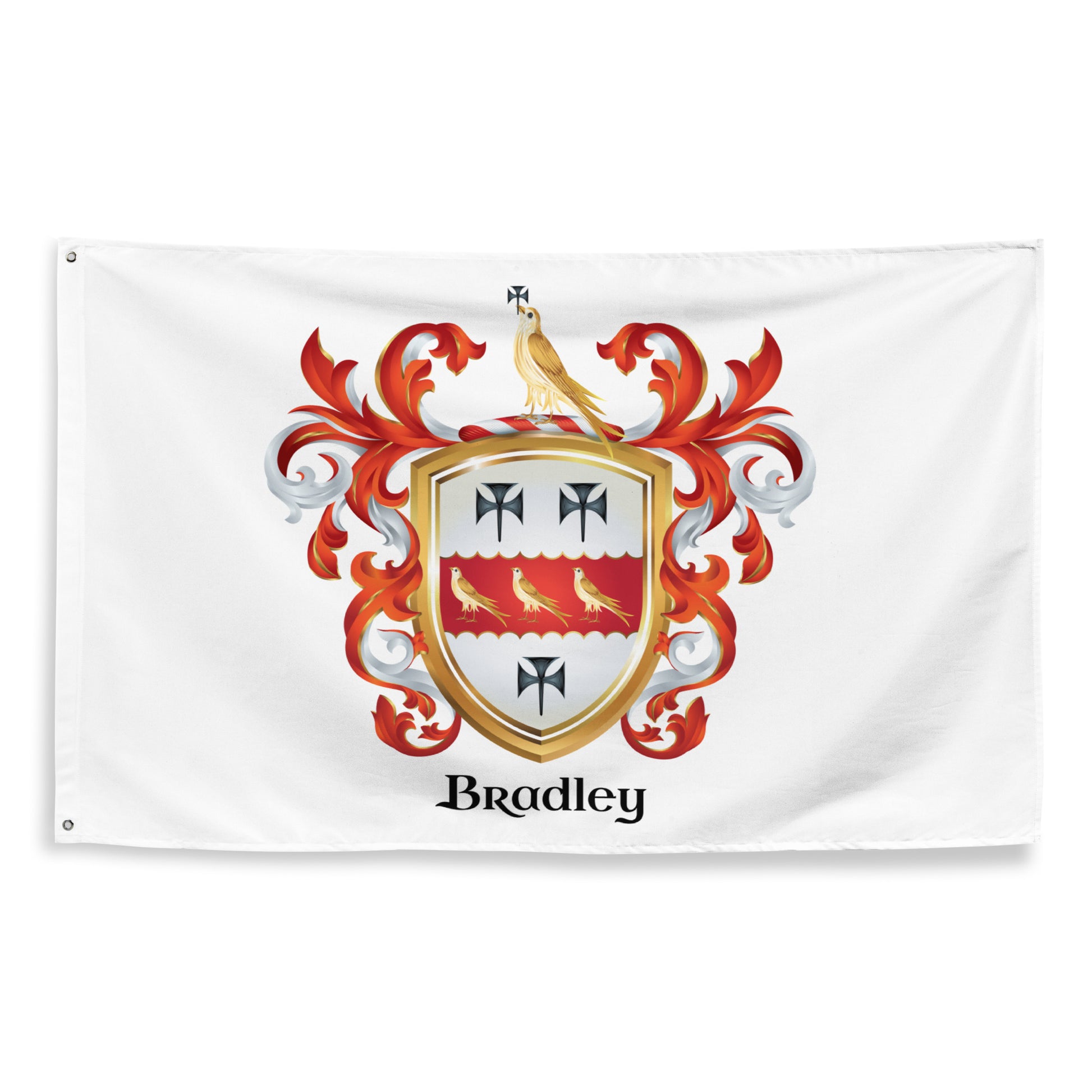A white flag featuring the Bradley family coat of arms, with a gold bird on a shield flanked by red and silver decorative elements, and the name 'Bradley' printed below.