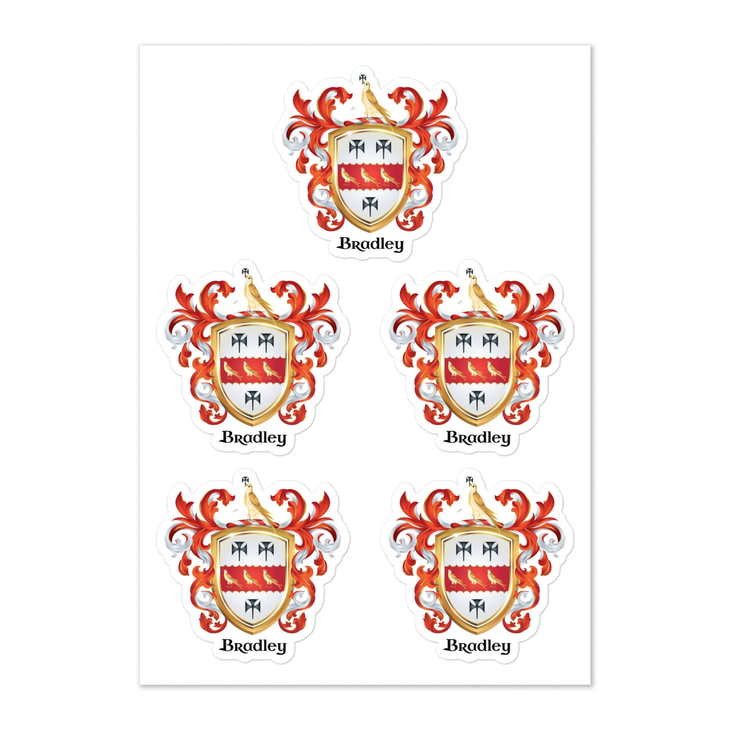 A sheet of five die-cut stickers featuring the same heraldic coat of arms design, labeled 'Bradley' beneath each crest. The crest has a gold and white shield with red and blue details, surrounded by red and white ornate mantling on a white background.