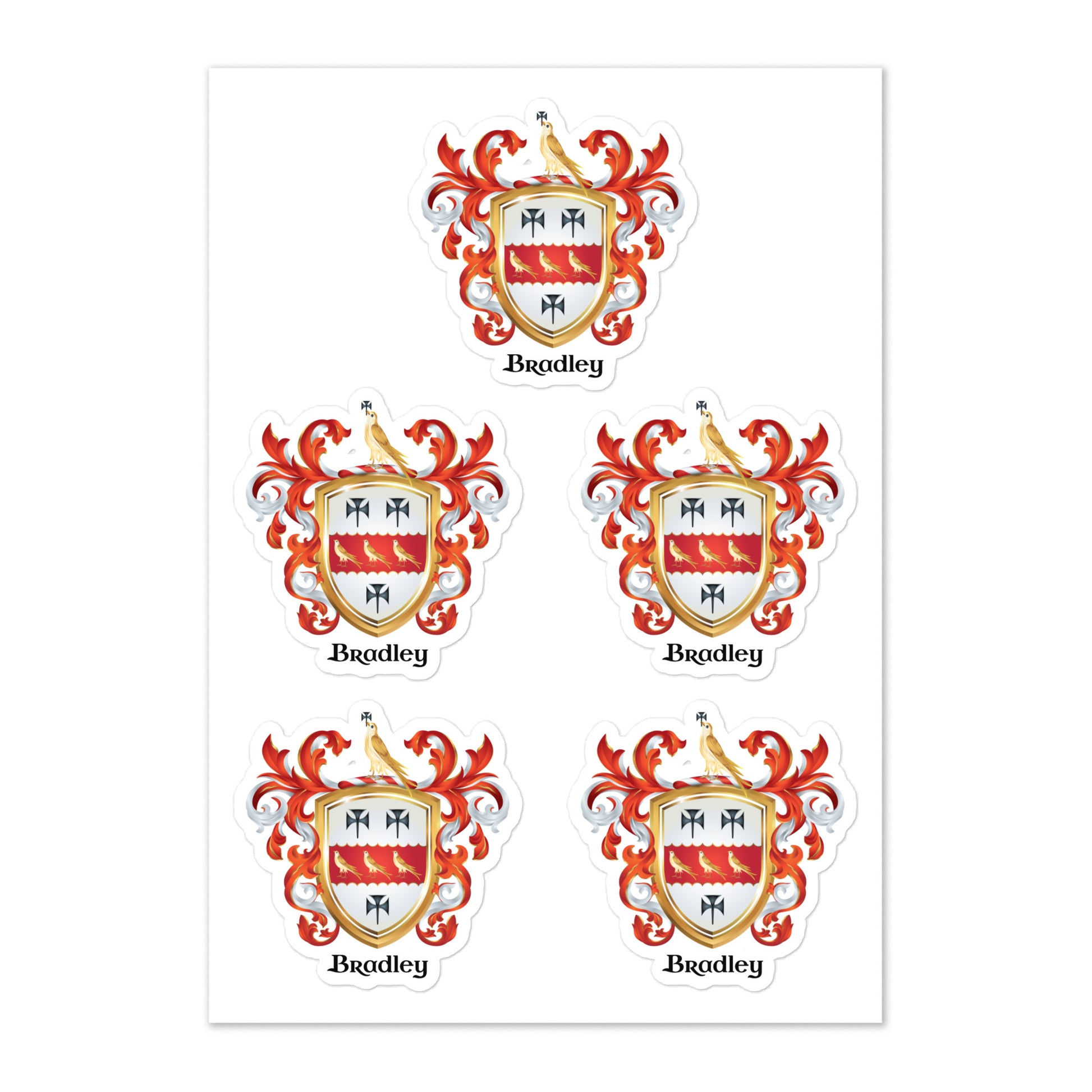 A sheet of five die-cut stickers featuring the same heraldic coat of arms design, labeled 'Bradley' beneath each crest. The crest has a gold and white shield with red and blue details, surrounded by red and white ornate mantling on a white background.