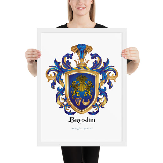 A woman holding a framed Breslin Family Crest print