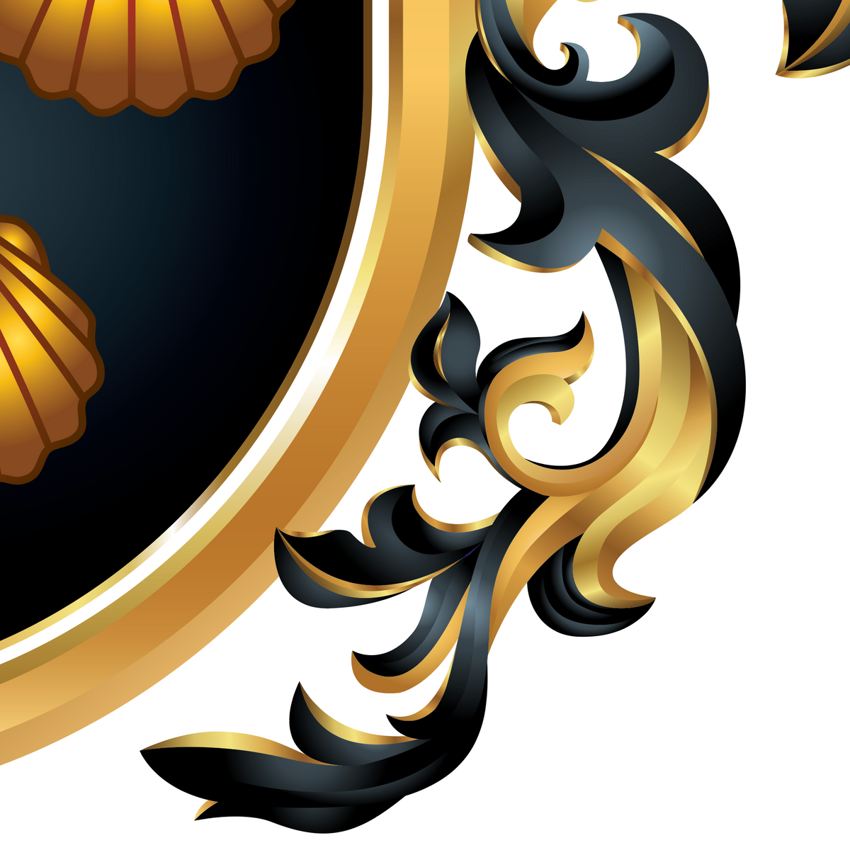 A close-up of the Brooks Coat of Arms featuring black manteling and gold highlights on a white background, alongside part of a black shield with gold shell motifs.