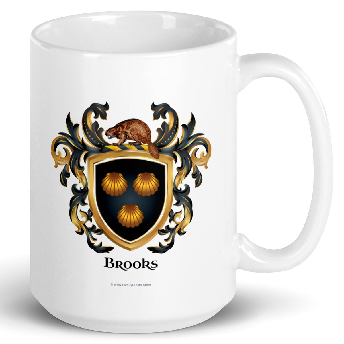 A white mug with handle to right, on a white background, printed with the Brooks Family Crest featuring 3 clam shells on a black shield with a beaver on the crest of the shield.