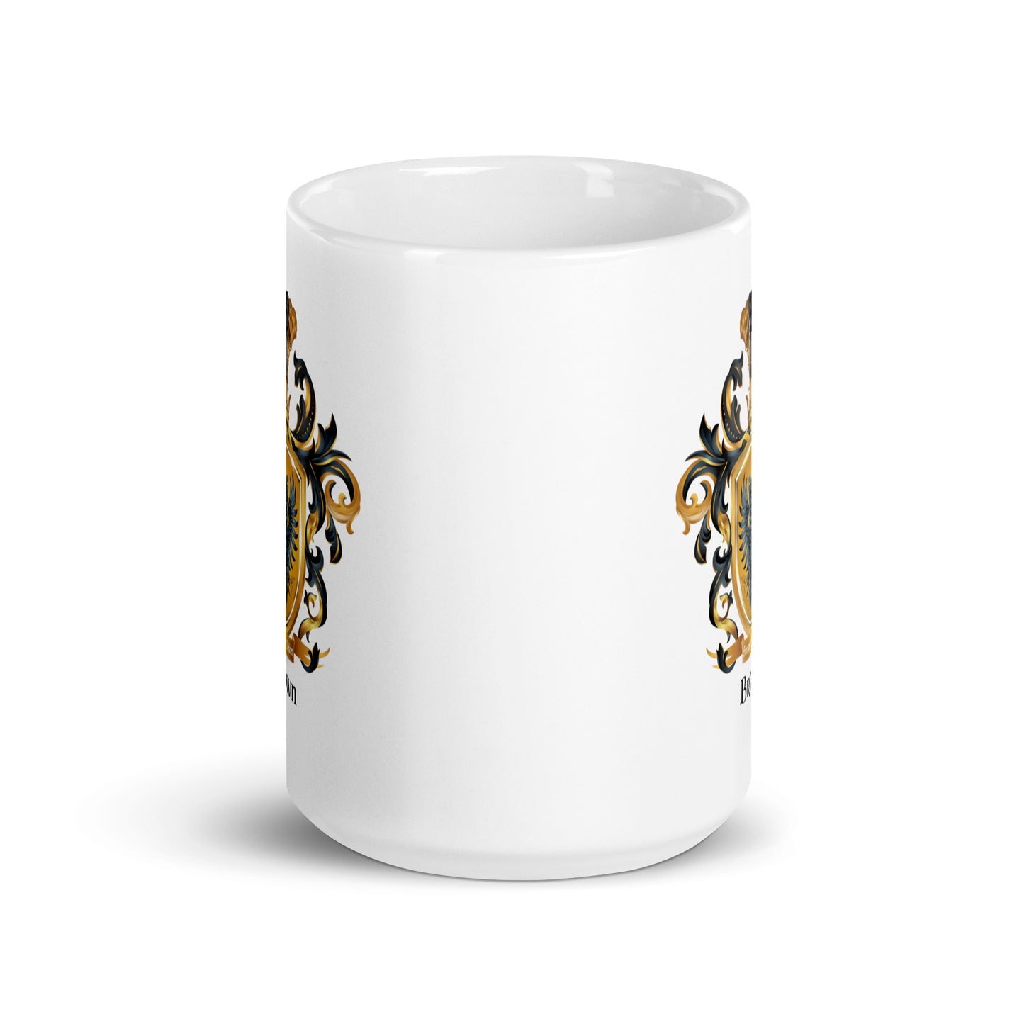 Brown Family Crest showing on 2 sides of white mug