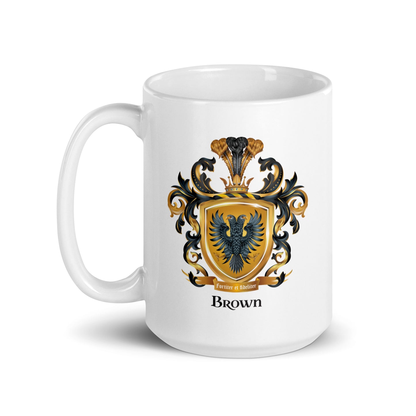 White mug with Brown Family Crest on a white background 