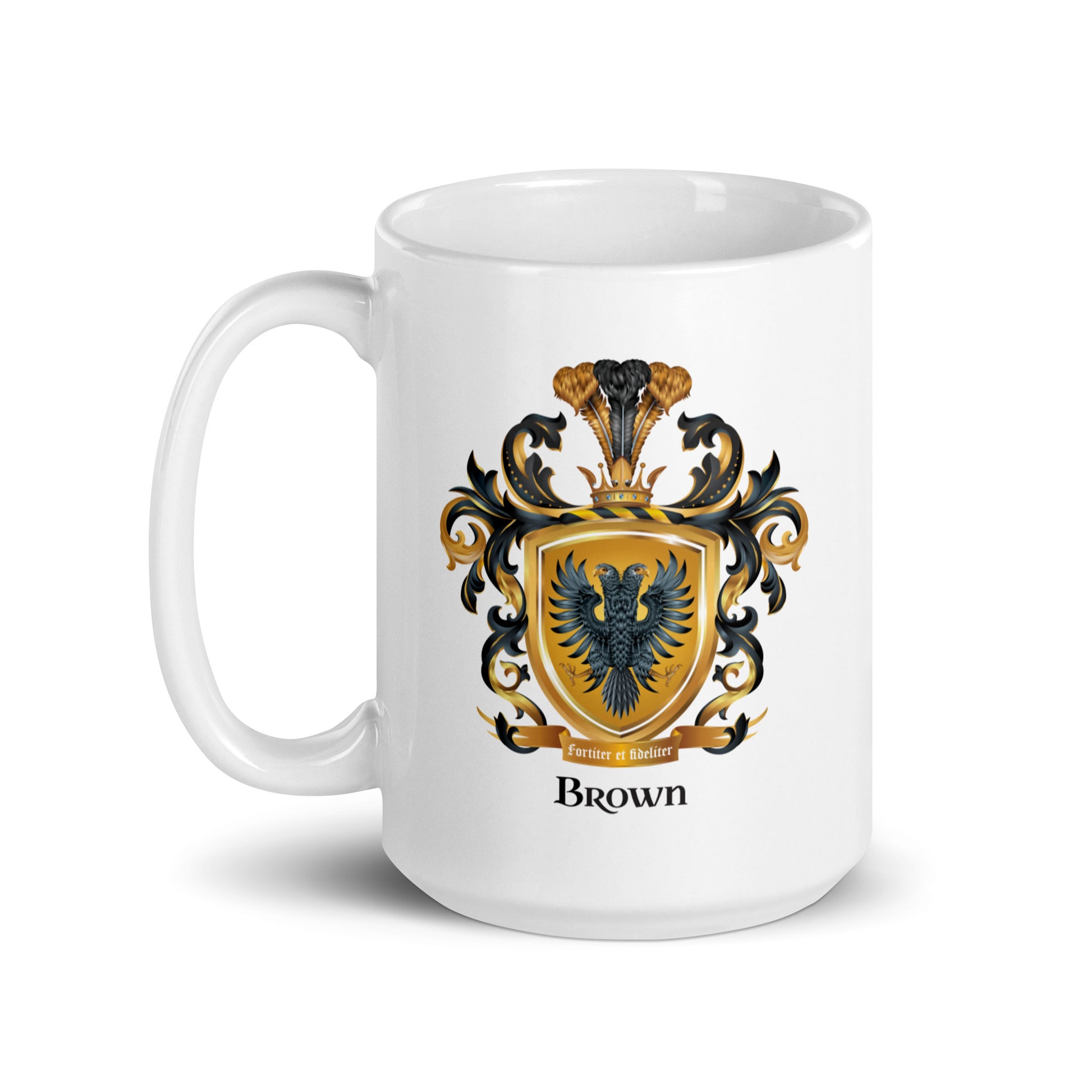 White mug with Brown Family Crest on a white background 