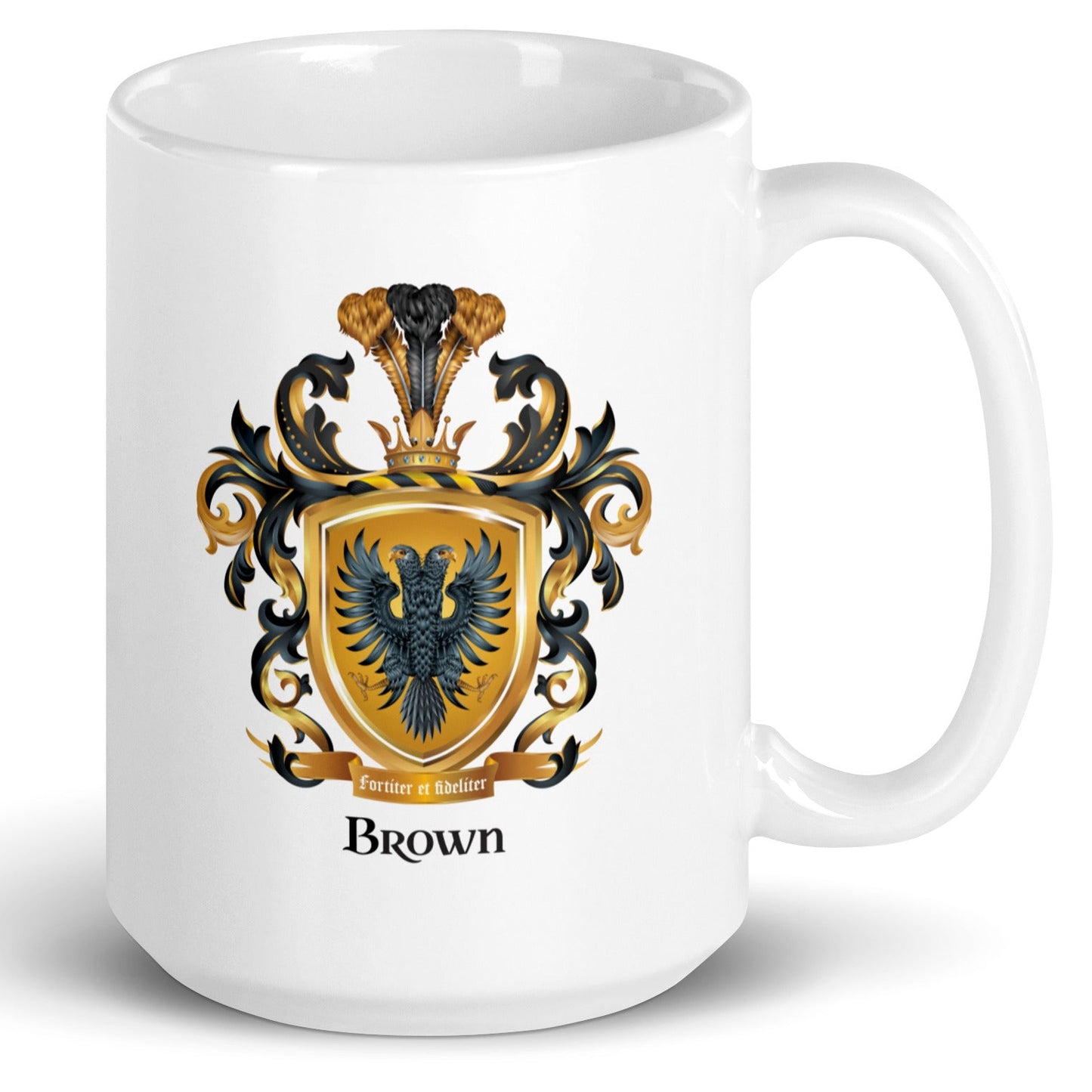 White mug with Brown Family Crest on a white background 