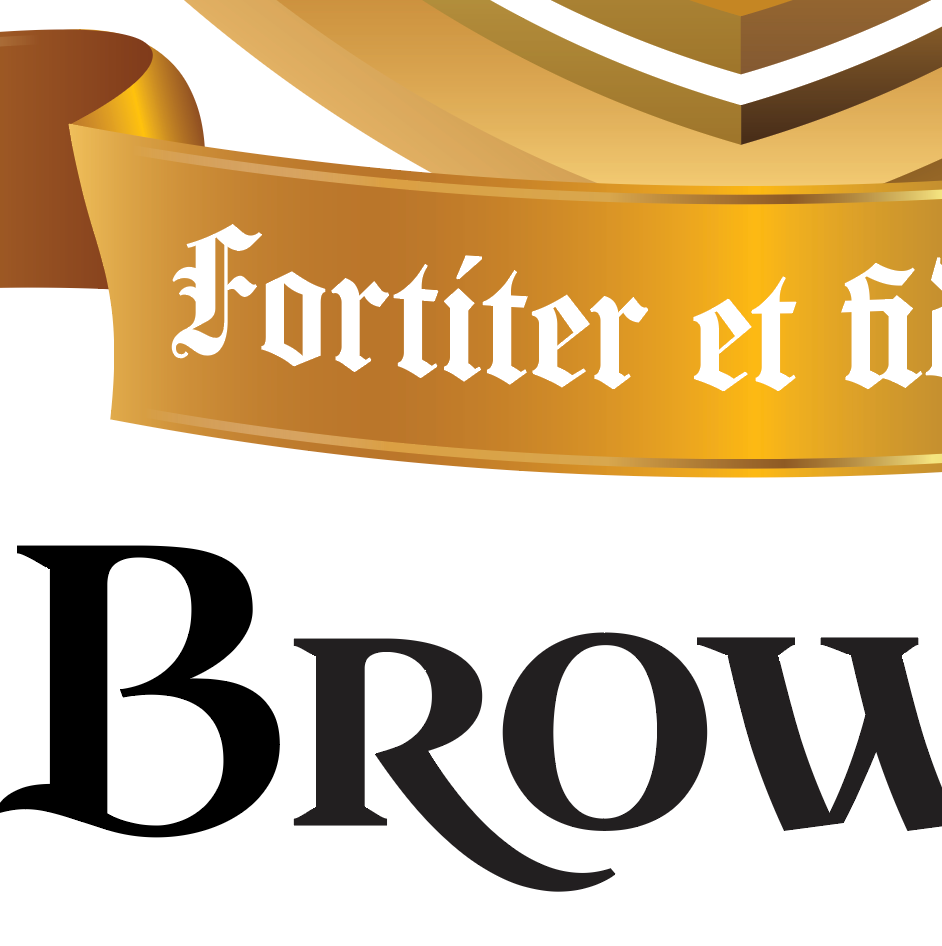 Brown Family Crest illustration close up of heraldic typographic style text including part of the name and family motto