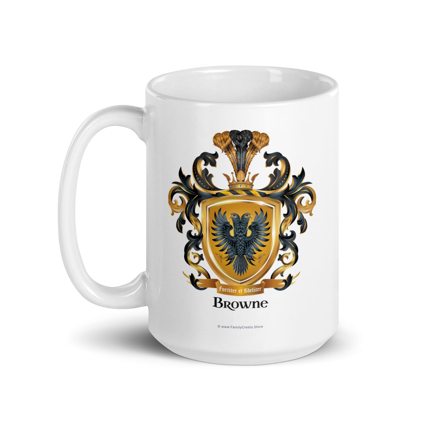 White mug with Browne Family Crest on a white background with some shadow