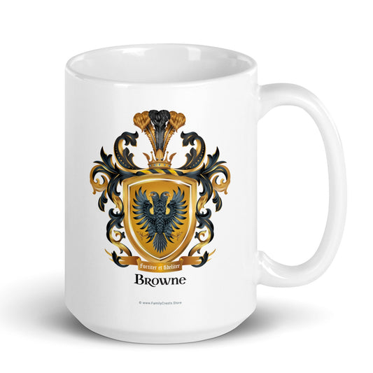 White mug  with Browne Family Crest on a white background
