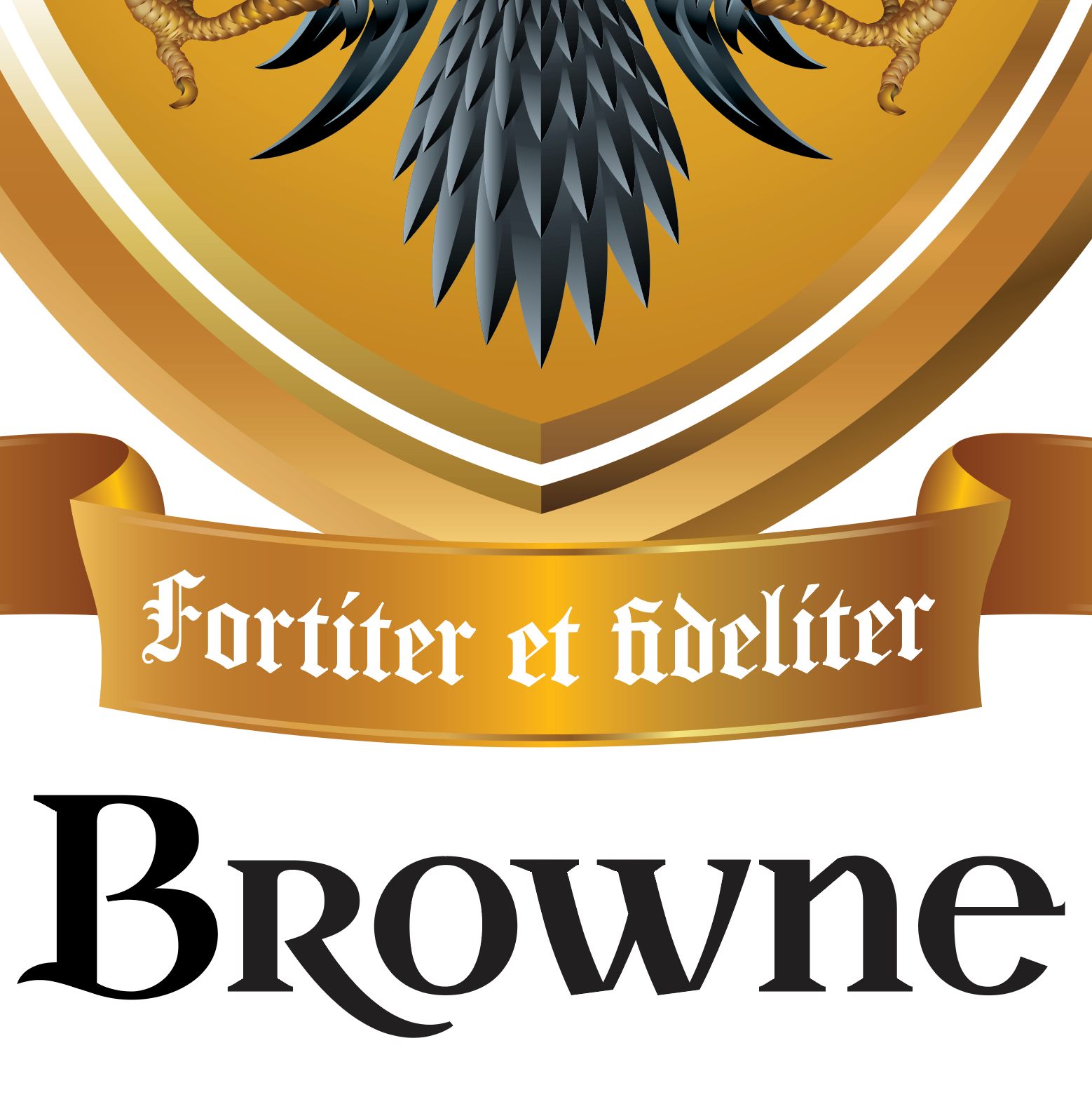 Browne Family Crest illustration close up with a shield design, ribbon, and motto text 'Fortiter et fideliter Browne' on a white background with the name Browne with heritage style typography