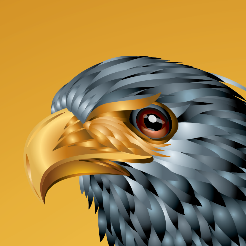 Browne Family Crest illustration close up detail of an eagle's head with a gold and gray color scheme on a yellow background