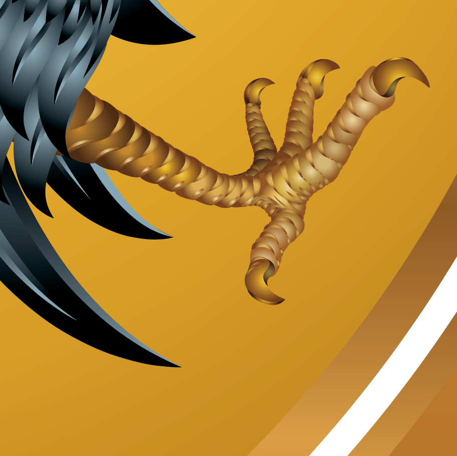 Browne Family Crest illustration close up detail of a bird's claw with a stylized wing on a gold background