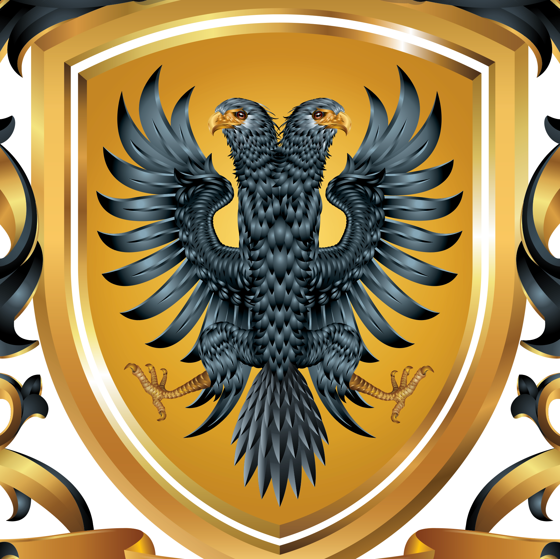 Browne Family Crest illustration close up detail of black double-headed eagle on a gold shield with decorative elements