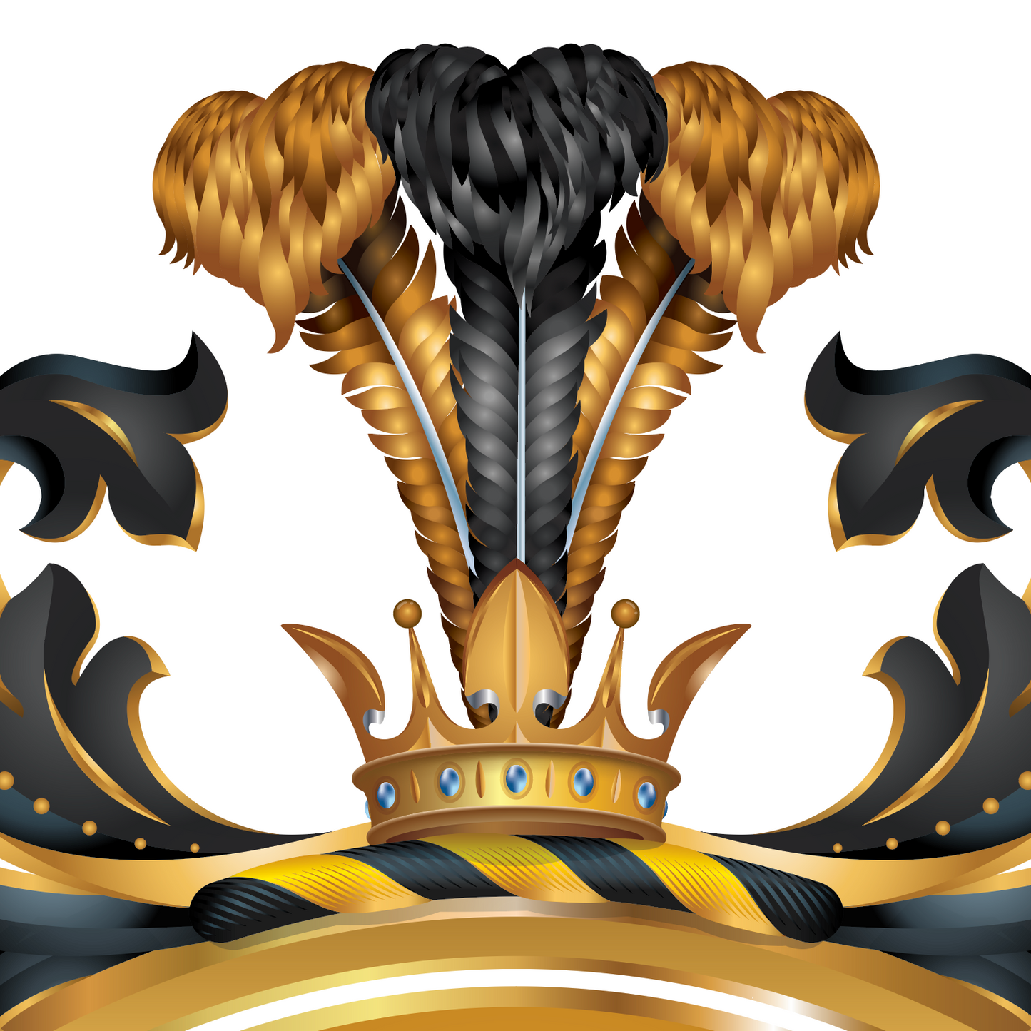 Browne Family Crest illustration close up detail with feathers, a crown, and ornate patterns on a white background