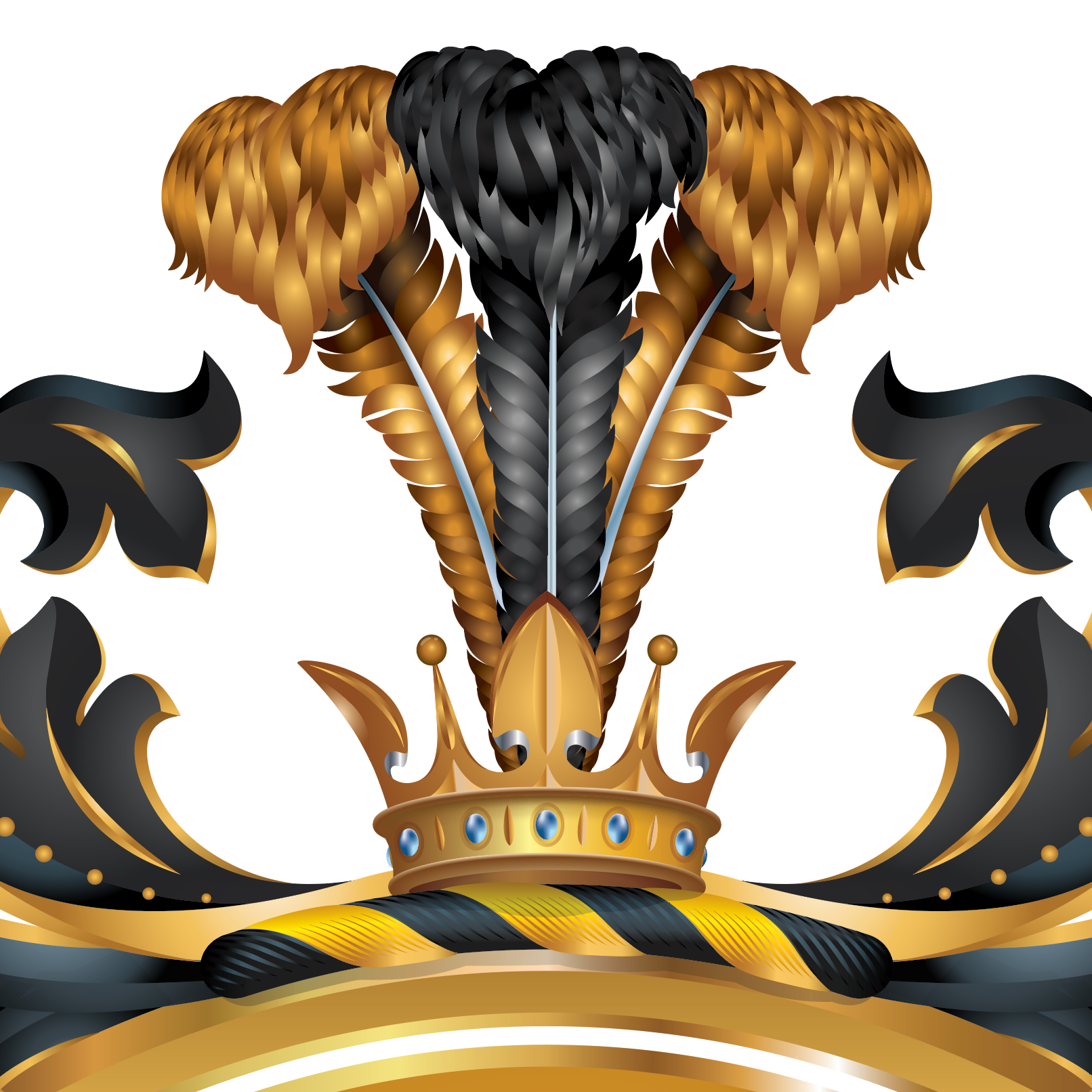 Browne Family Crest illustration close up detail with feathers, a crown, and ornate patterns on a white background