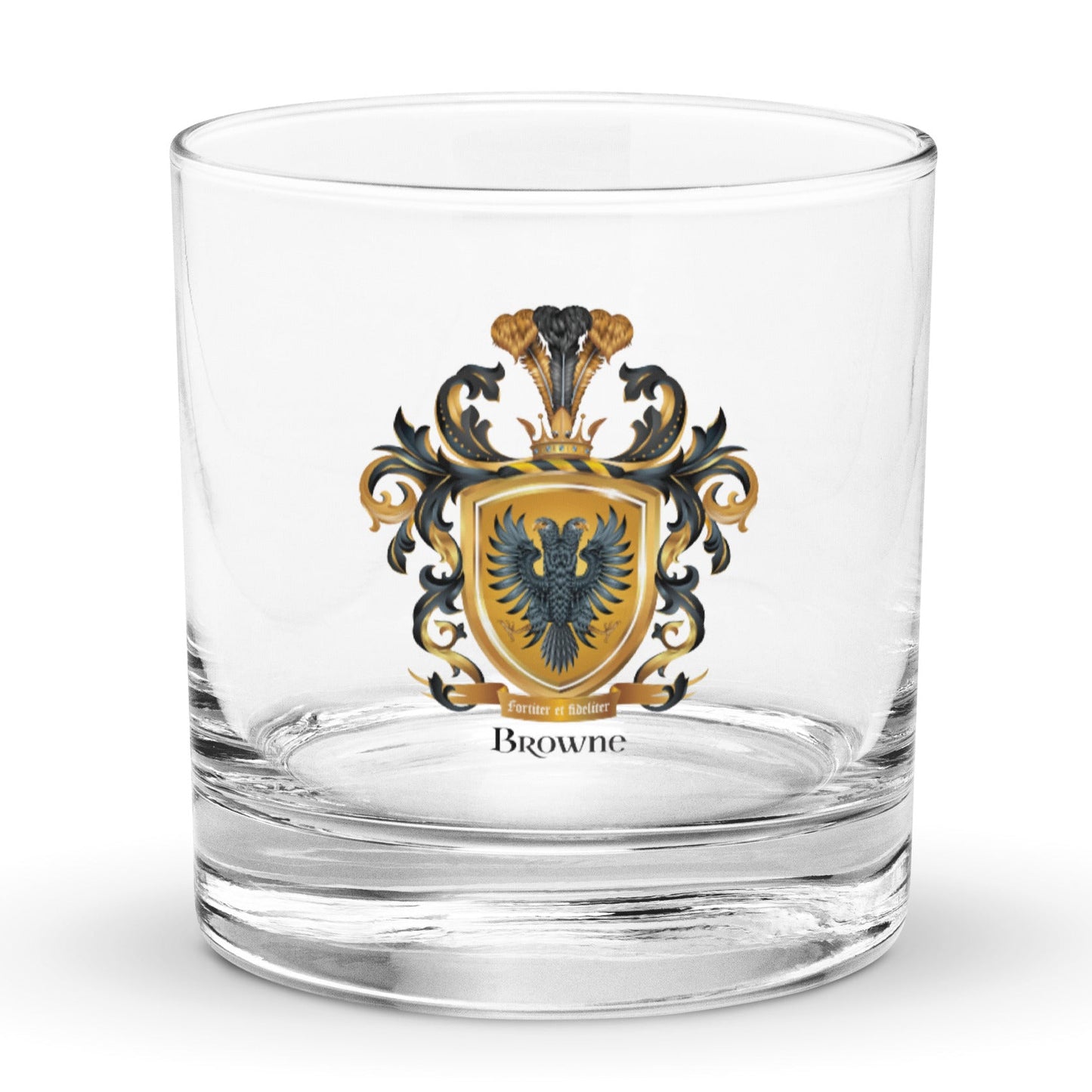 Rocks glass with a Browne Family Crest pictured against a white background