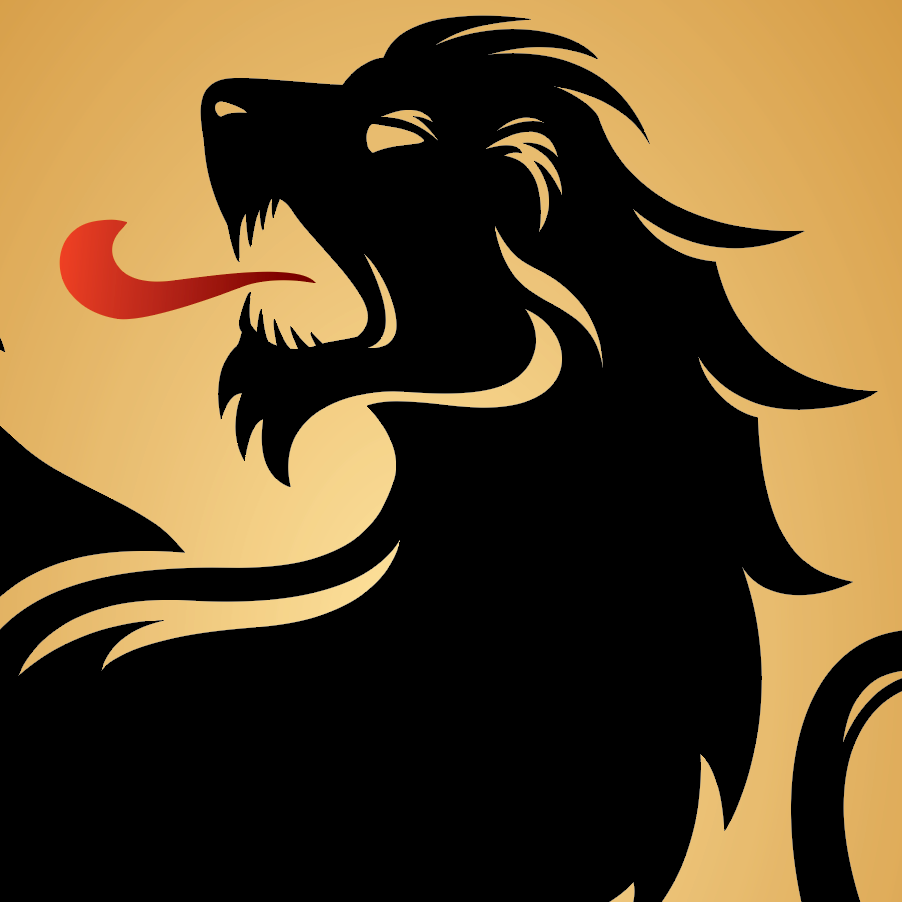 A detailed closeup from the Buchanan Family Crest showing a stylised black lion head with a red tongue, set against a gold background of the shield.
