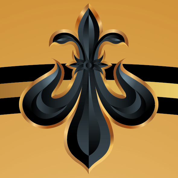 A detailed closeup from the Buchanan Family Crest showing a black fleur-de-lis emblem with gold metallic outlines and shading, centered on a warm gold background with horizontal black and gold stripes behind it.