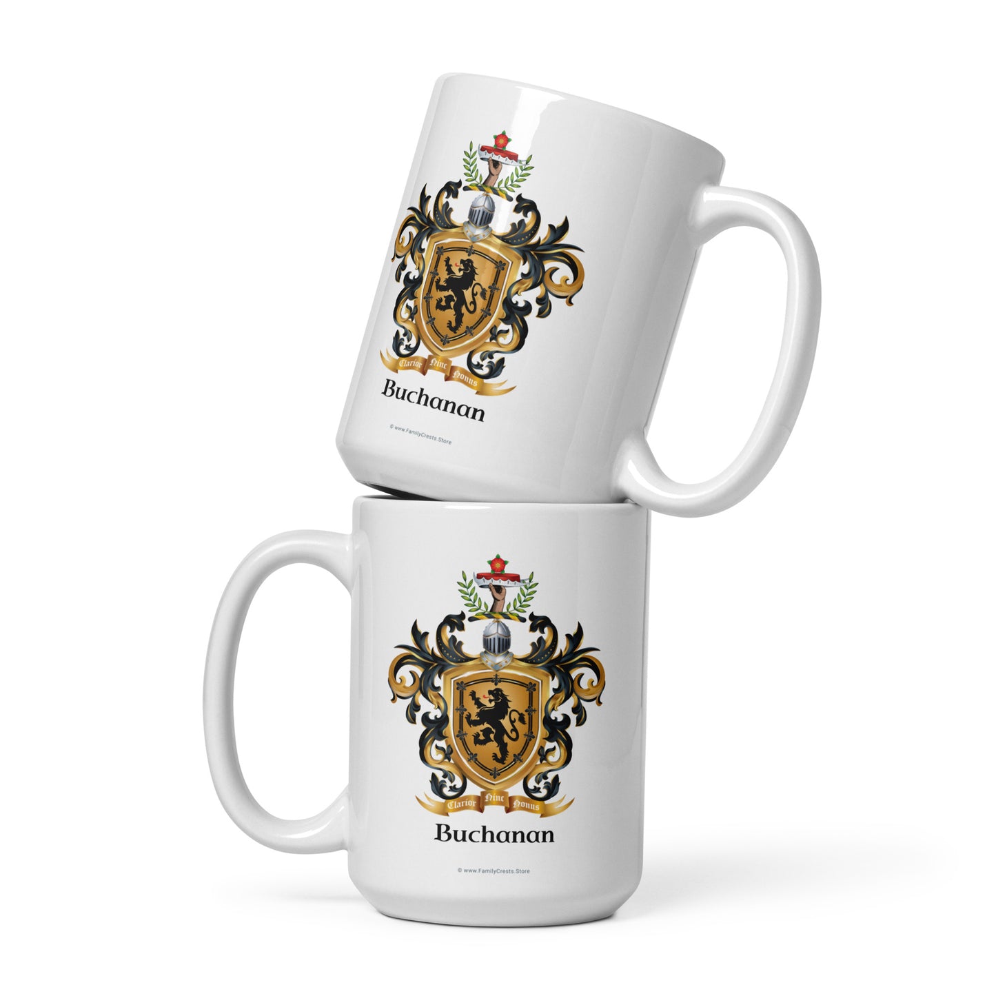 Two white ceramic mugs stacked on top of each other, featuring a printed family crest with the name 'Buchanan' below it, on a clean white background indicating the crest is printed twice on each mug.