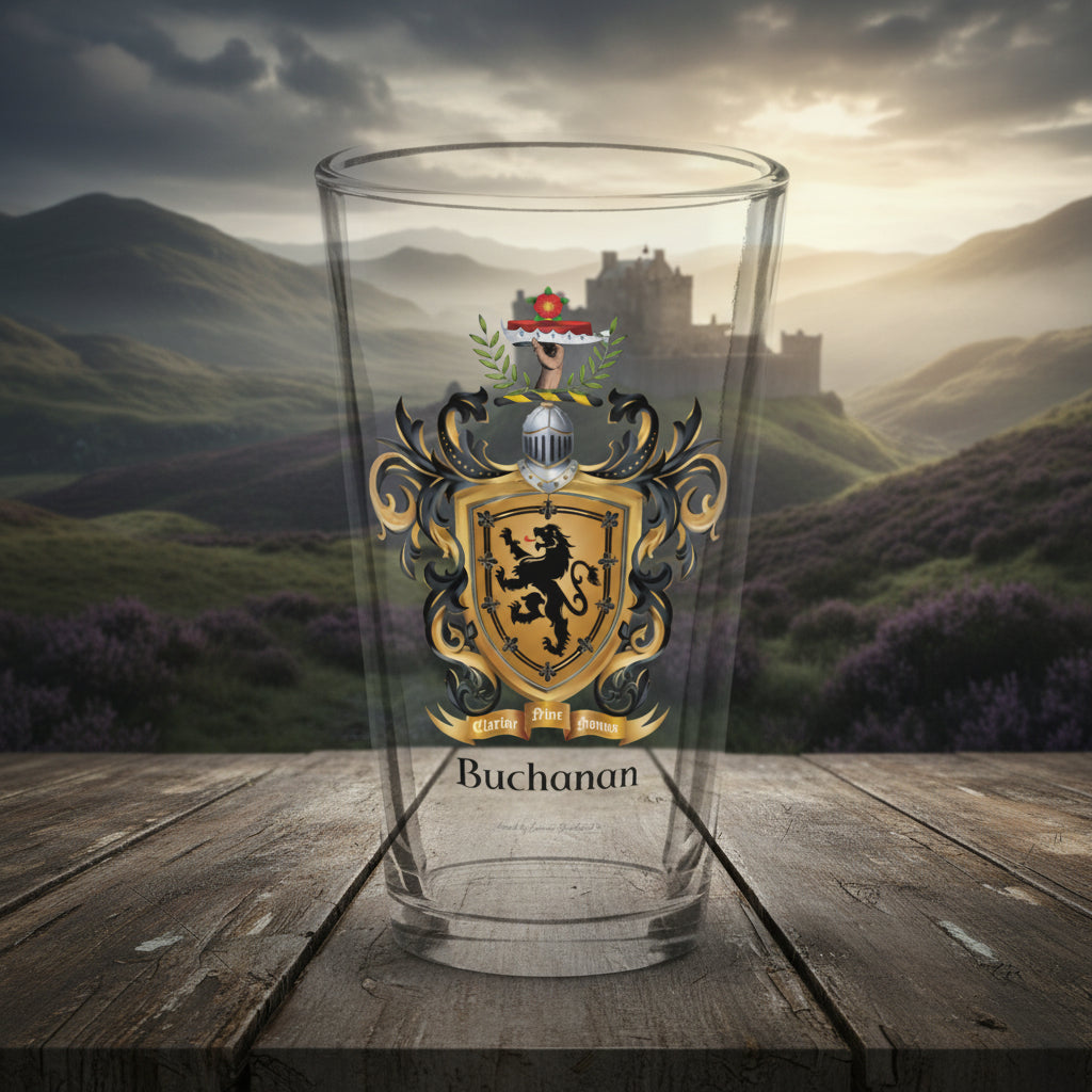 A clear pint glass featuring a Buchanan family crest with a gold and black lion shield, set against a Scottish highlands scene in the background.