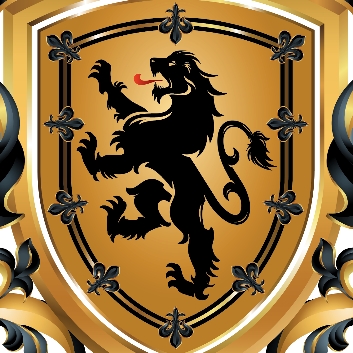 A heraldic shield design featuring a black rampant lion on a gold shield, surrounded by decorative mantling..