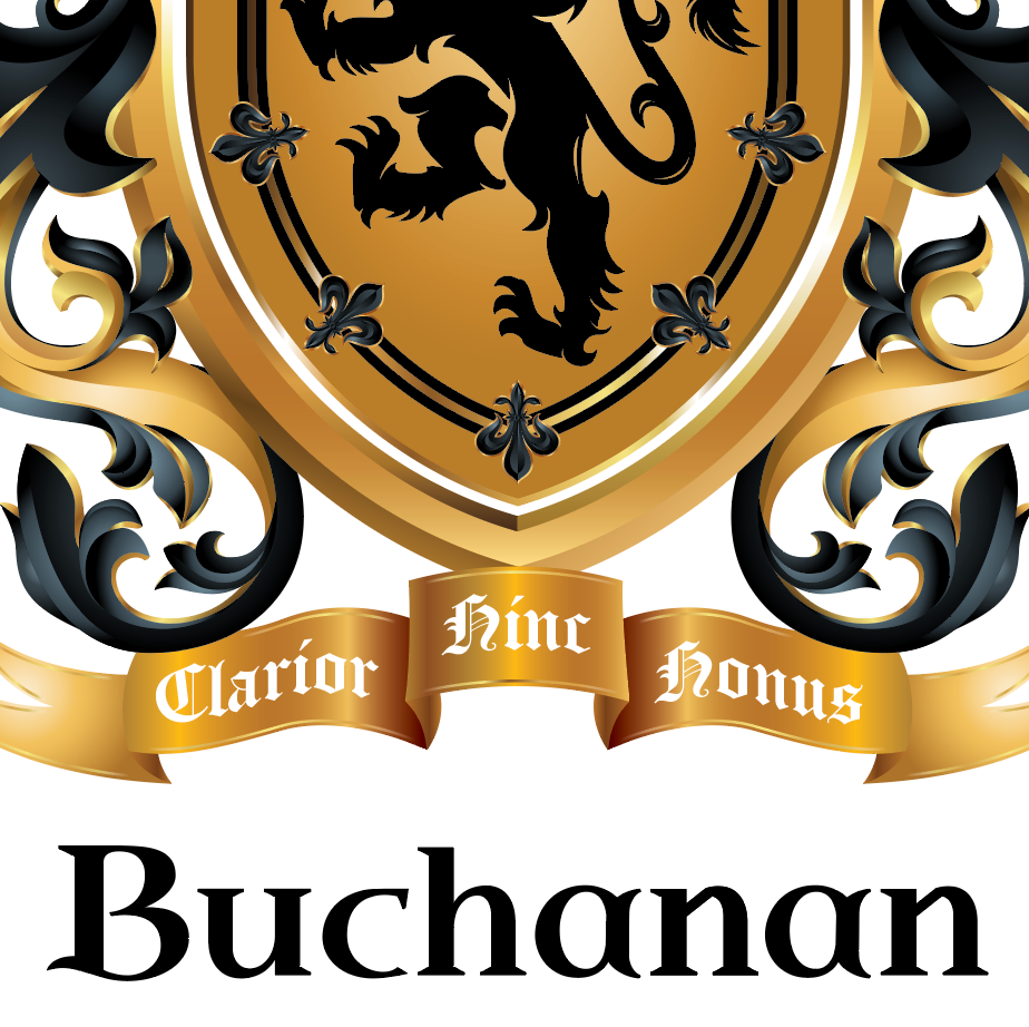 A detailed closeup from the Buchanan Family Crest showing a decorative crest-style sheild and Buchanan surname with a black lion rampant on a gold shield, ornate black mantling, and a gold motto banner reading 'Clarior Hinc Honus'.