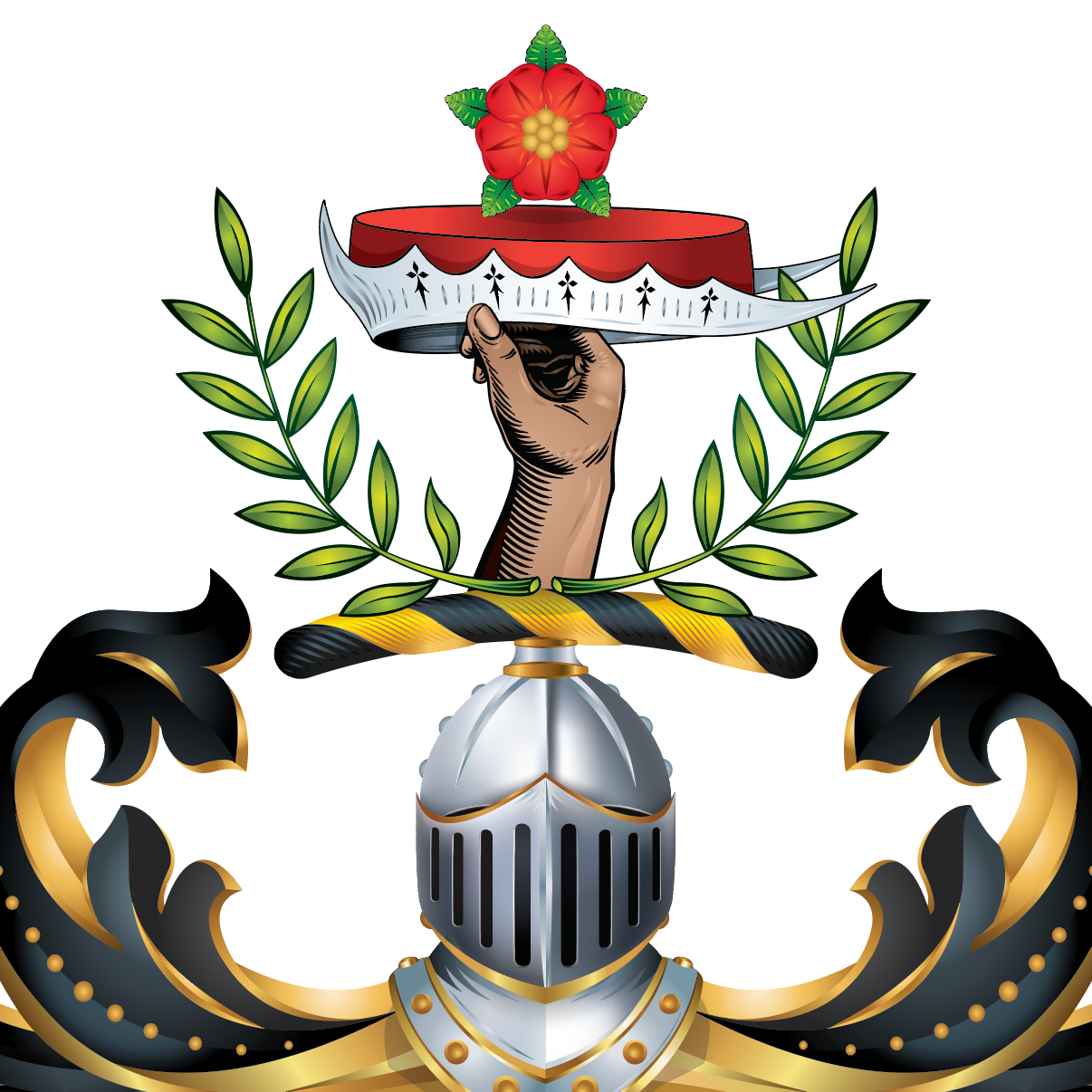 A detailed closeup from the Buchanan Family Crest showing a a heraldic-style crest illustration on a white background, featuring a silver knight's helmet, black-and-gold mantling, green laurel branches, a red rose, and a hand holding a regal hat.