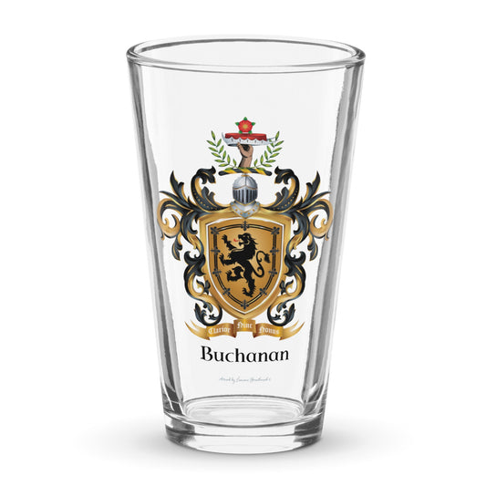 Buchanan Family Crest beer glass on a white background-Family Crests Store