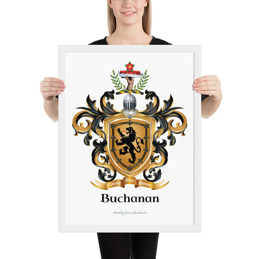Buchanan Family Crest framed artprint held in two hands by a woman - Family Crests Store