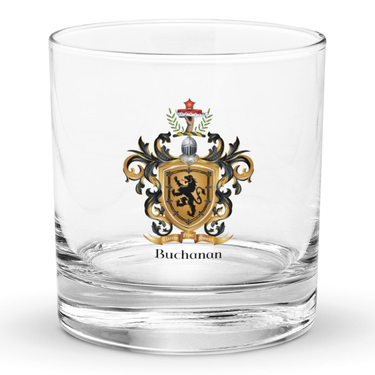 Buchanan Family Crest Rocks Glass on a white background featuring a black lion -Family Crests Store